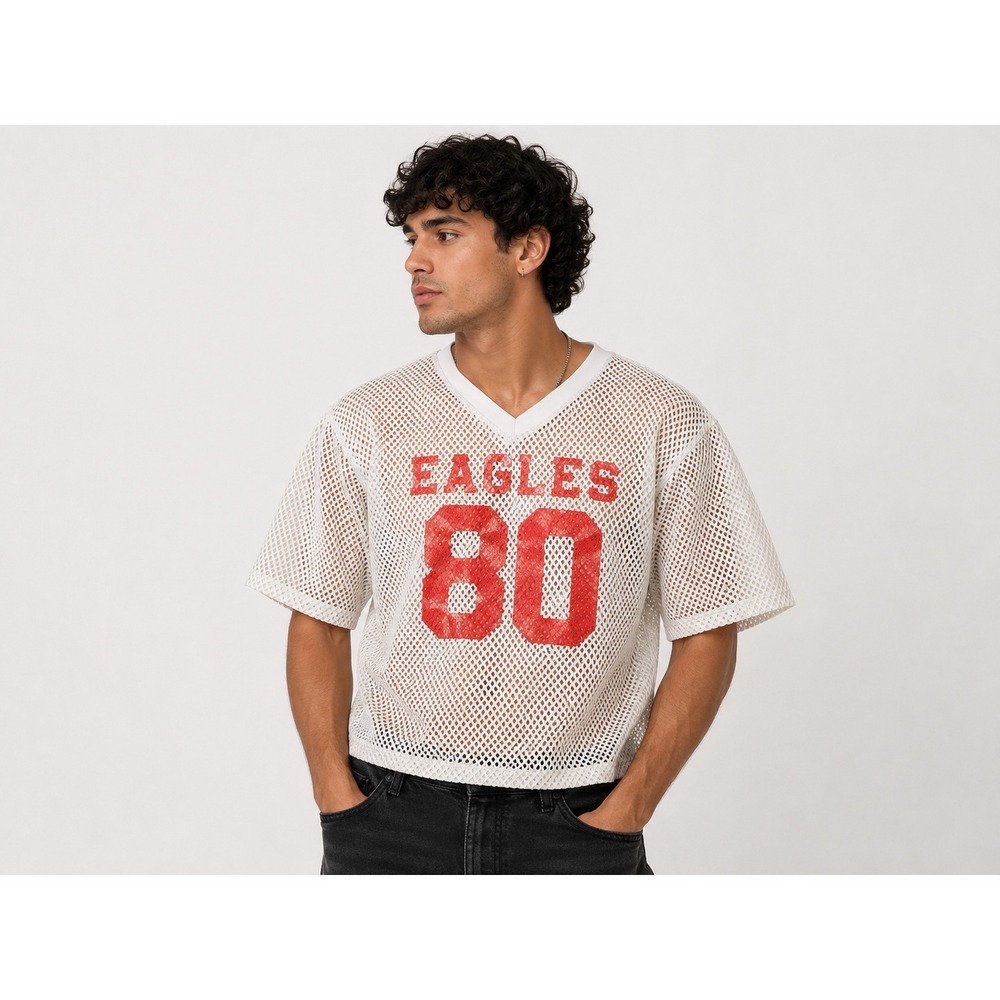 Vintage Eagles 80 Mesh Jersey Top Gray Red V-Neck XL Sporty Athletic Retro